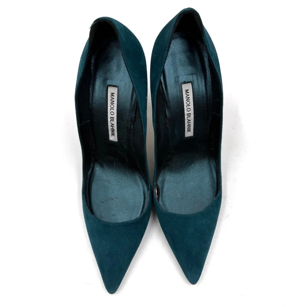 Manolo Blahnik BB Suede Pumps Teal Pointed Stiletto Heels Slip On Sz 39.5 / 9.5 - Picture 2 of 9